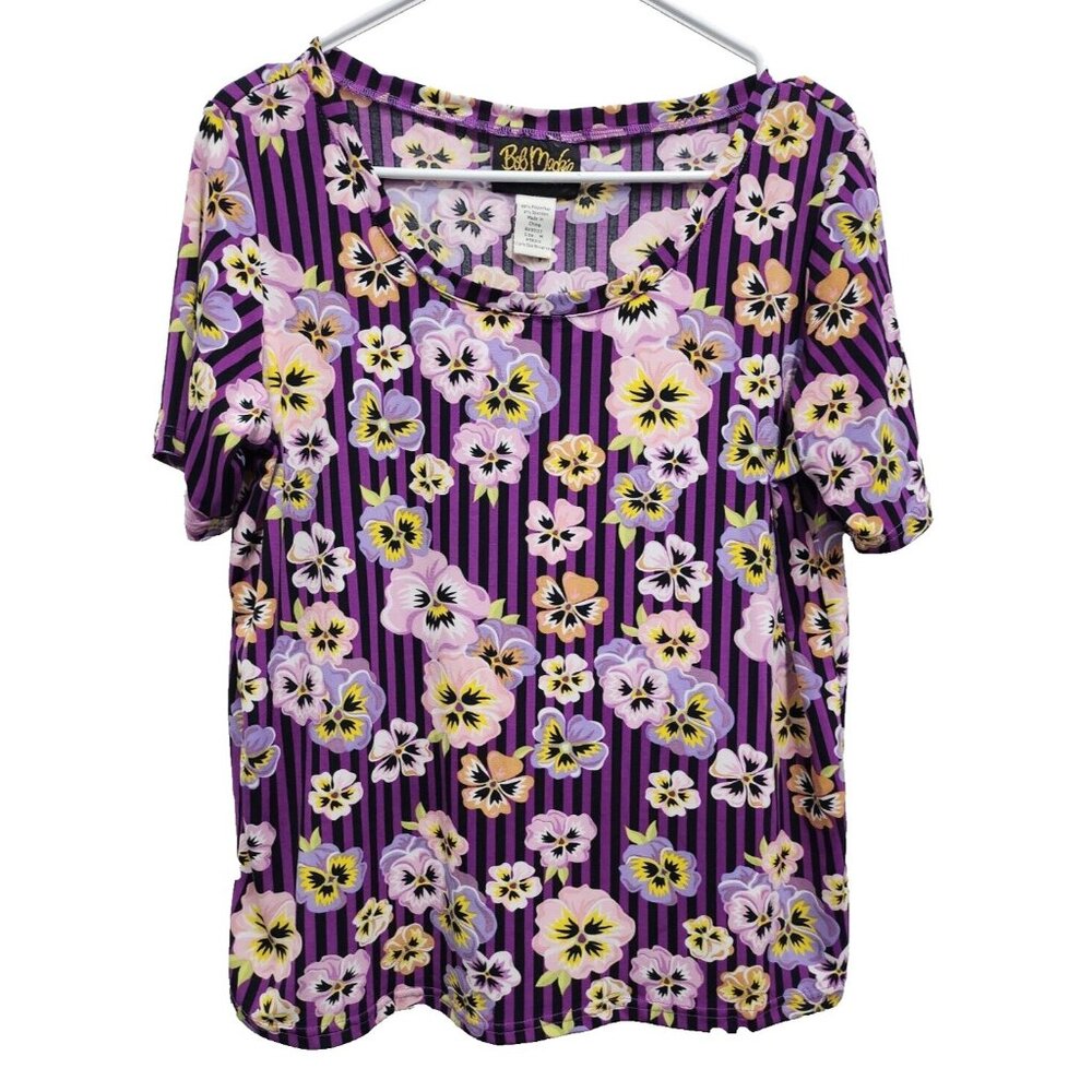 Bob Mackie Wearable Art Top Womens Size Medium Purple Floral Short Sleeve Casual